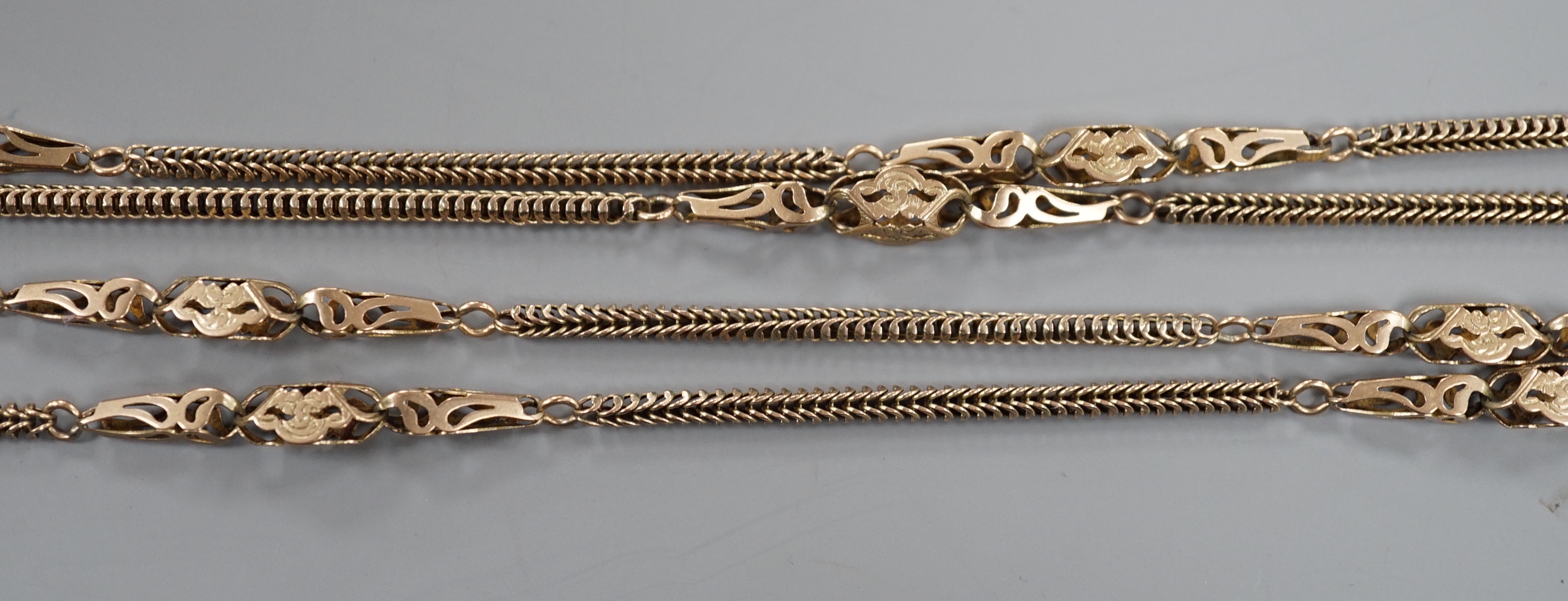 A late Victorian 9c fancy link guard chain, 162cm, 40.3 grams.